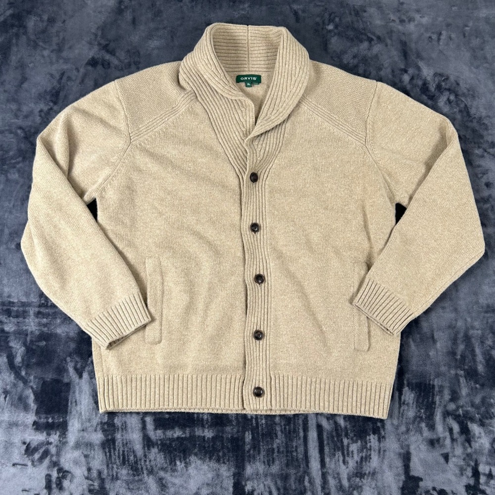 Orvis Cardigan Sweater Mens XL Tan Merino Wool Blend Shawl Collar Button Front